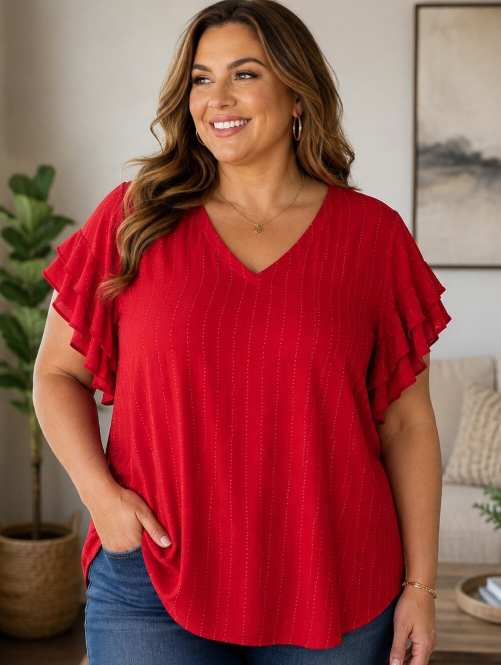 apt. 9 women’s 2x red ruffle sleeve blouse v-neck dotted stripe plus size top